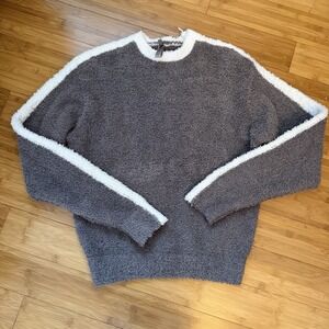 SKIMS Cozy Knit Sweater S/M Taupe Cream Trim Soft Lounge Pullover Fuzzy‎